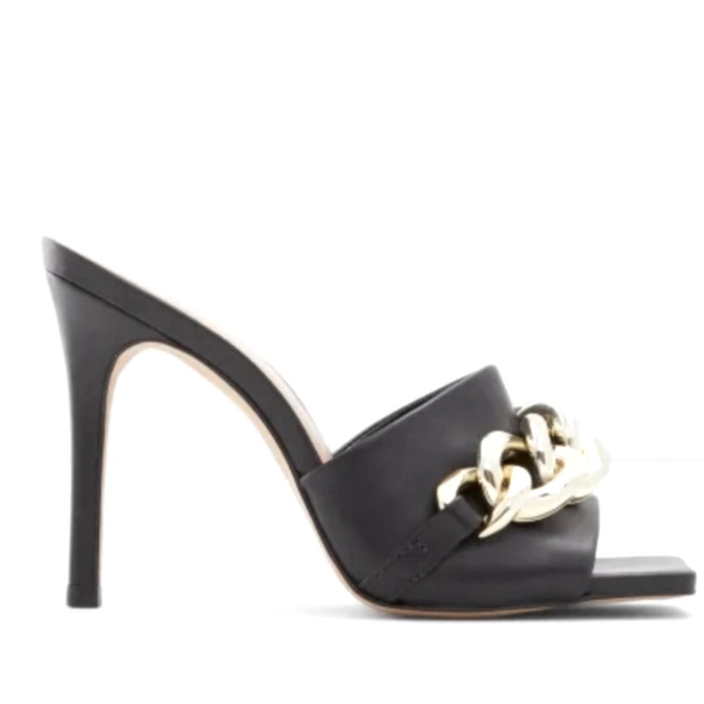 Aldo High Heel Black Leather Square Toe Sandals /Mules w/ Gold Chain Size 6.5
